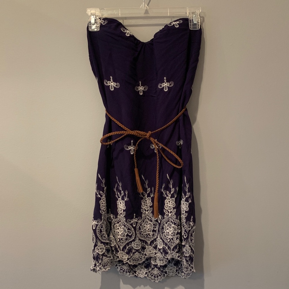 Navy Blue and White Strapless Dress